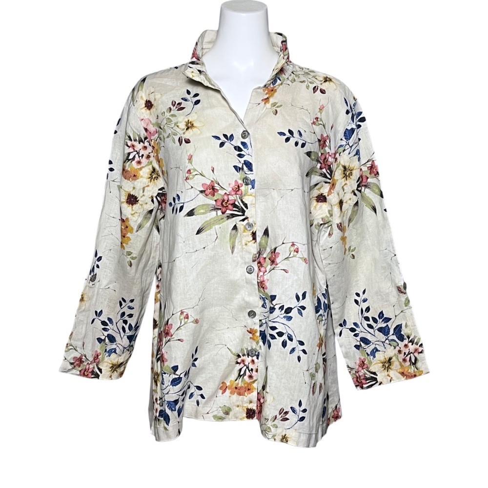 John Mark Wire Collar Tunic Multicolor Roll up Sleeve Women XL Artist 100% Linen - Picture 10 of 10